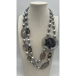 Fairygoth Whimsygoth Silver Gray Multi Beaded Necklace With Flower
